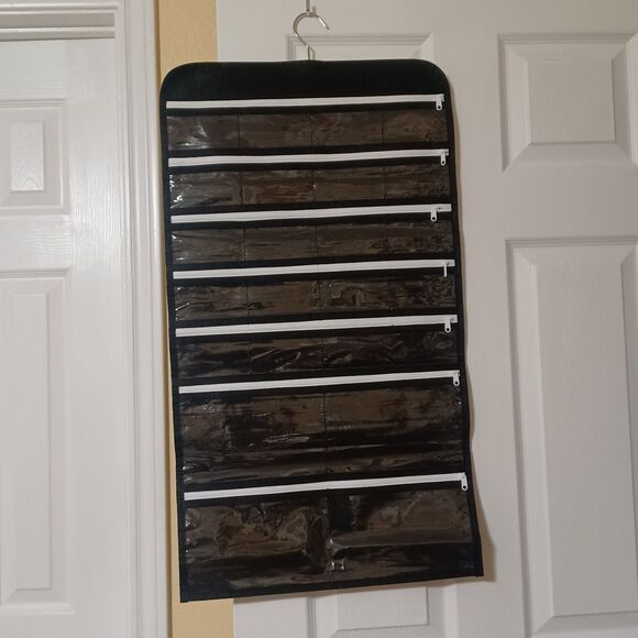 Black Hanging Jewelry Organizer w/ 47 Zippered Pockets - Picture 2 of 4